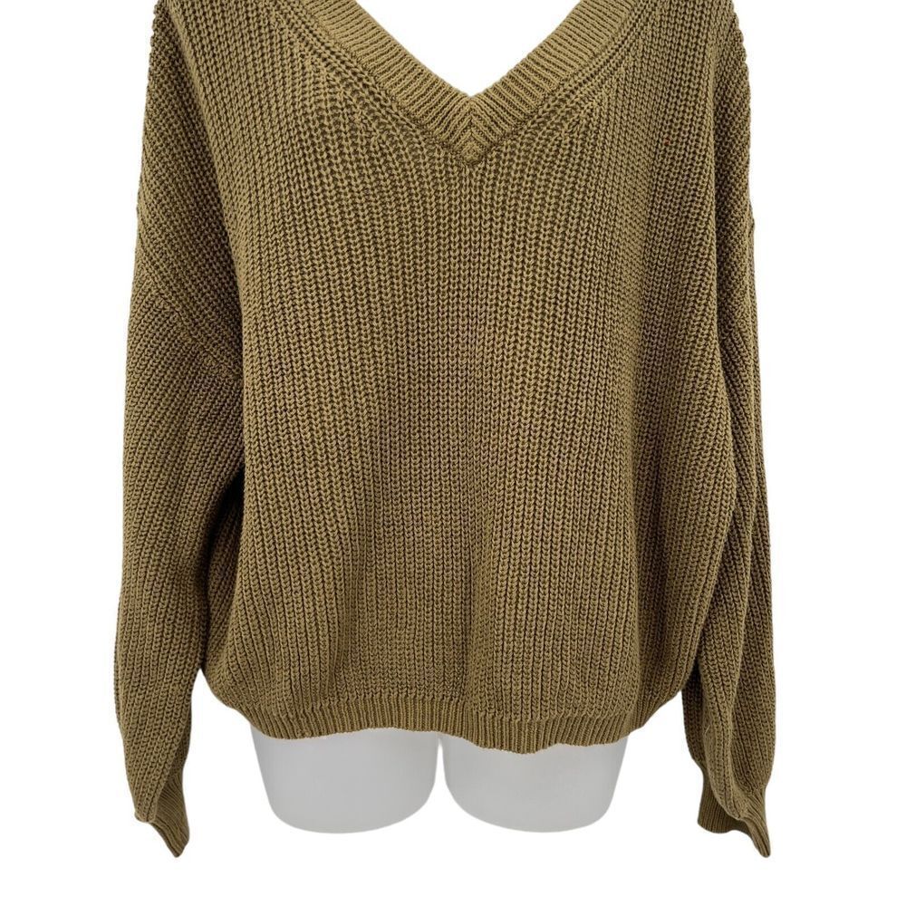 NEW BP Pullover Large Olive Green Chunky Knit V-neck Long Sleeve 100% Cotton - Picture 3 of 11